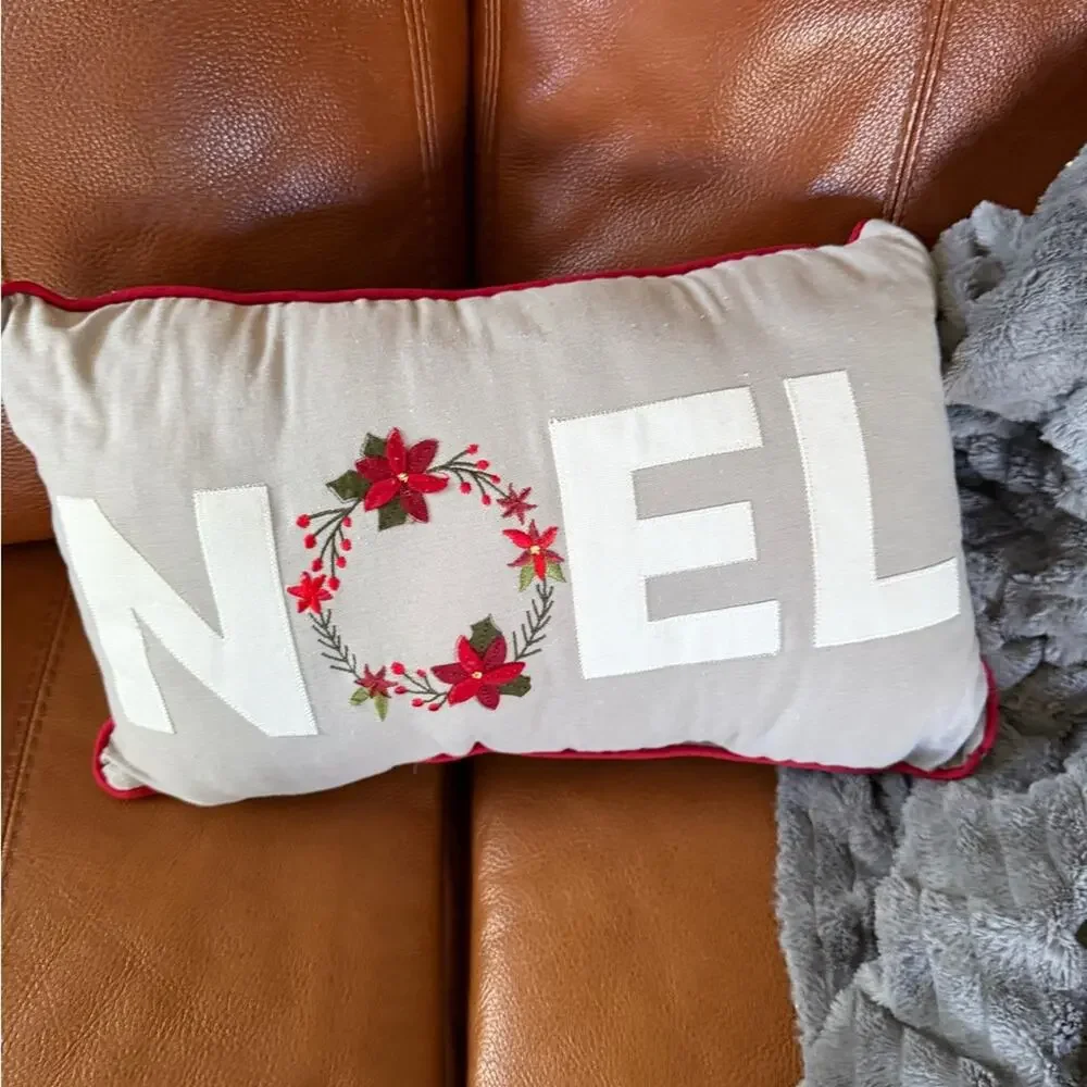 Festive Noel Holiday Pillow - grey and Red